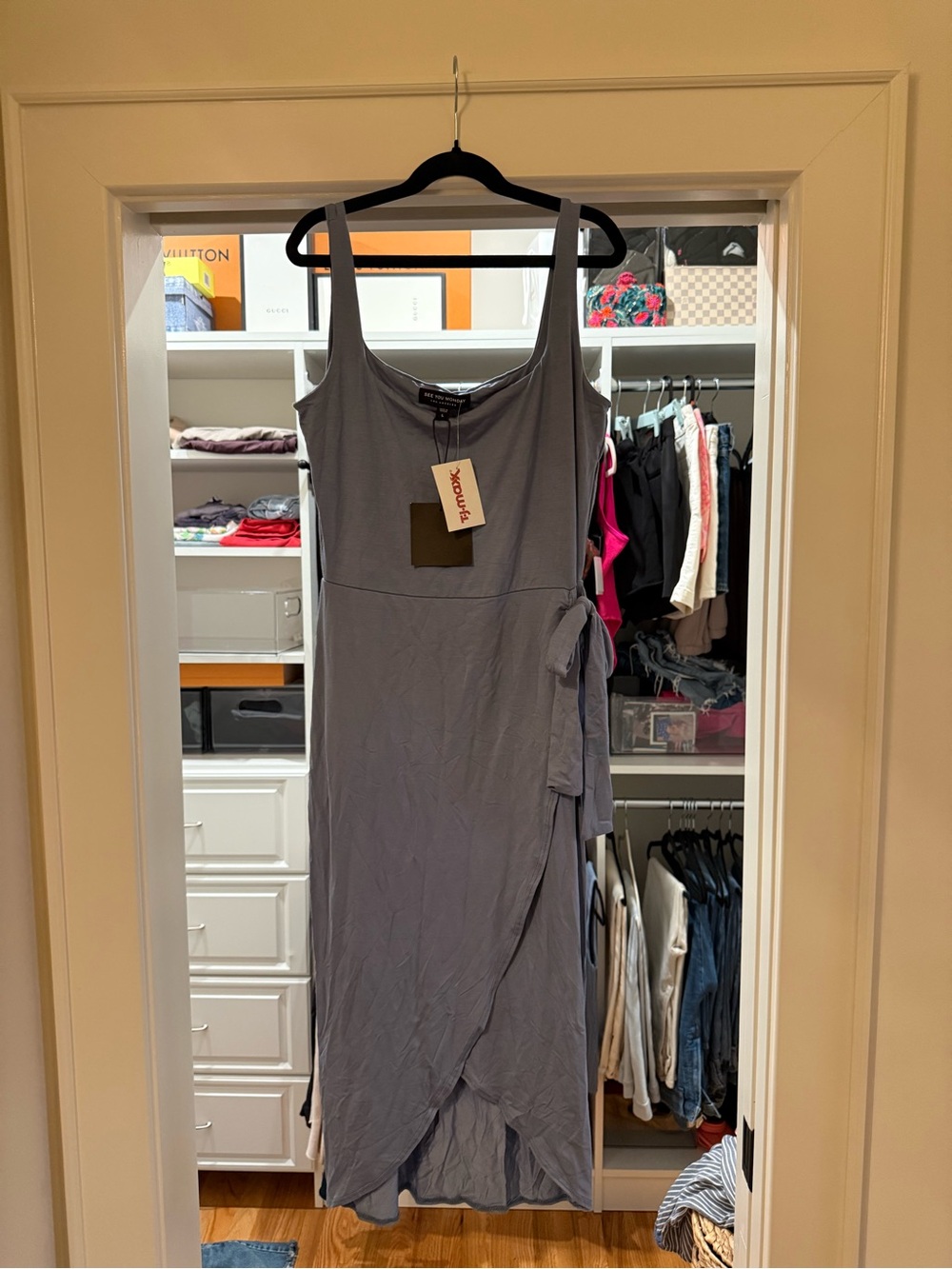 Faux-Wrap Dress, Slate Blue, Size L, Runs Small!